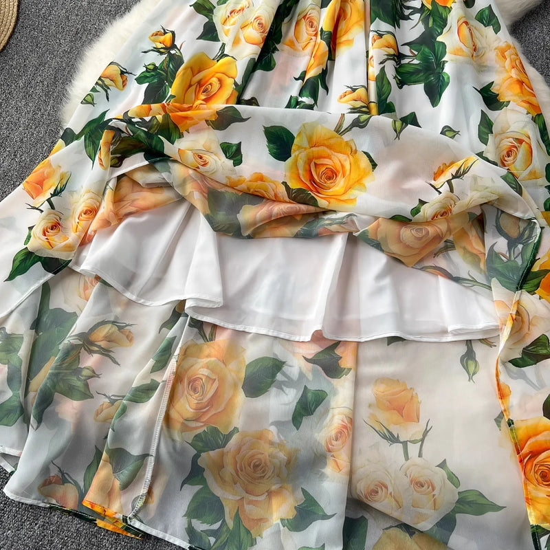Boho Women's Floral Maxi Dress | Yellow Spaghetti Strap Empire Waist Chiffon Dress - Summer Beach Holiday Dress (Banulin)