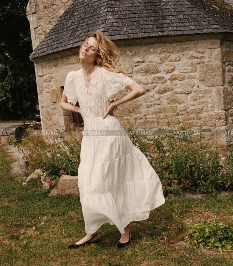 Breathable Ramie Midi Dress | Lace-Embroidered V-Neck Summer Dress - Women's Vintage Hollow Out Lace Dress