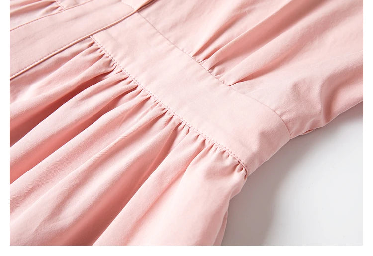 Women's Pleated Puff Sleeve Midi Dress | Office & Summer Casual Dress in Pink