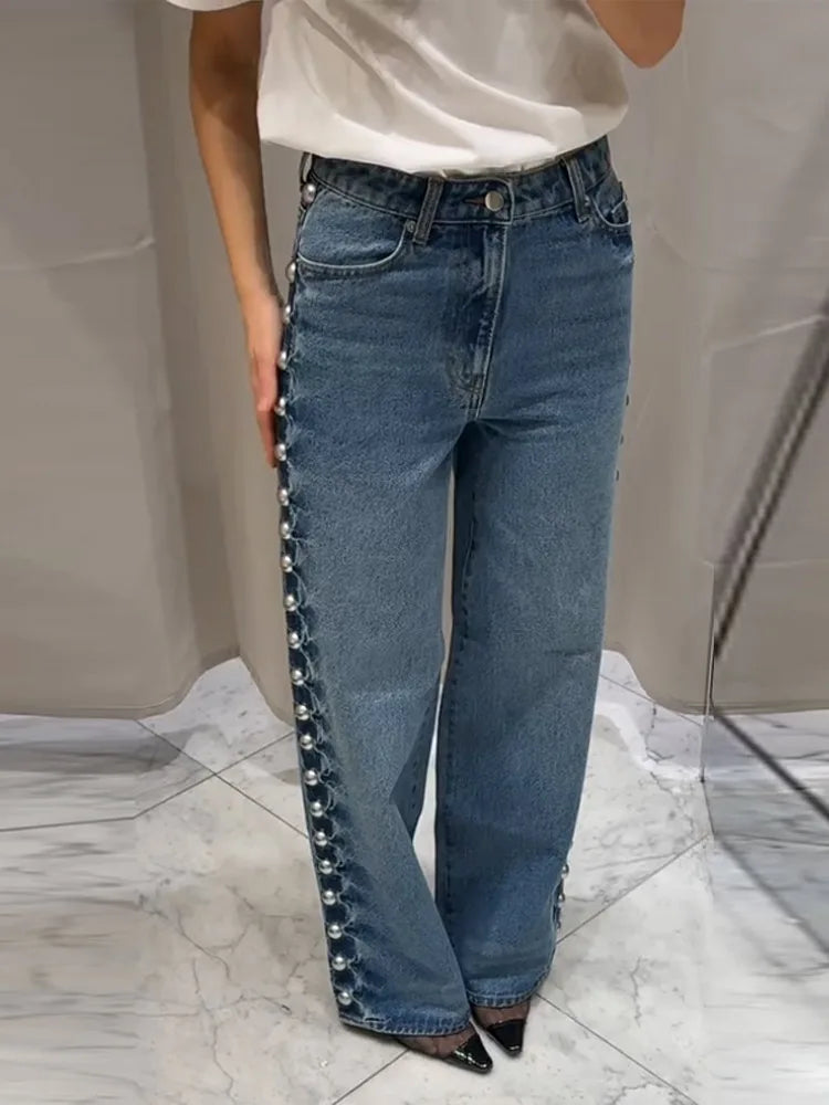 Women's Distressed Wide-Leg Jeans | High-Waisted Vintage Denim | Metal Rivet Embroidered Trousers