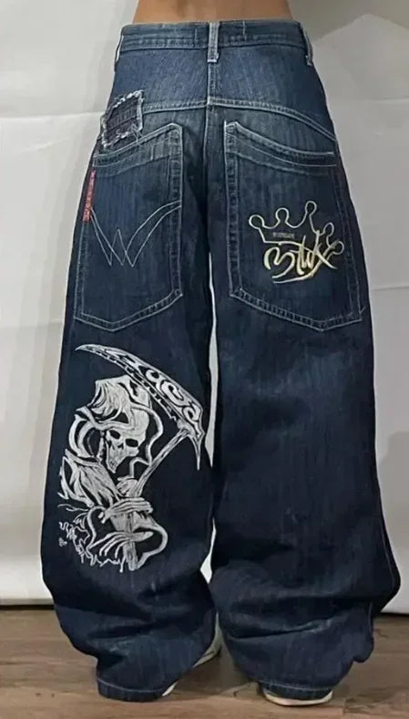 Dragon Embroidered Wide-Leg Jeans | Women's Harajuku Streetwear | High-Waisted Hip-Hop Pants