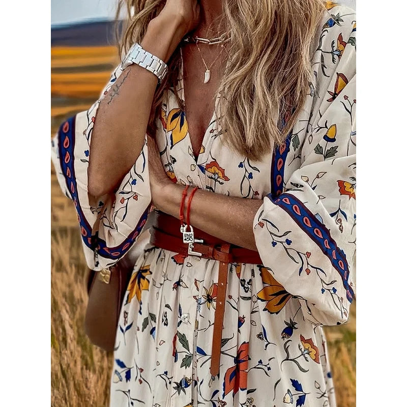 Boho Floral Lantern Sleeve Maxi Dress | V-Neck Ankle-Length Summer Dress with Sash Detail - Beach Cover Up & Vacation Outfit