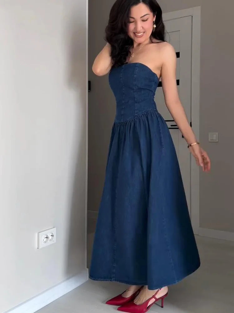 Fashion Off Shoulder Dress For Women Denim Backless Sleeveless Slim Long Dresses Female 2025 Spring Summer Lady Vestidos