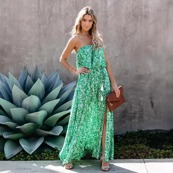 Boho Print Maxi Dress: Off-Shoulder Chiffon A-Line Dress with Ruffle Split & Chest Wrap