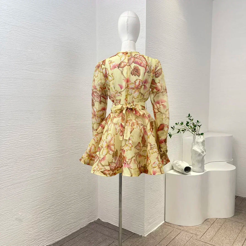 Women's Vintage Floral Mini Dress | Linen-Silk Blend with Belt & Pockets