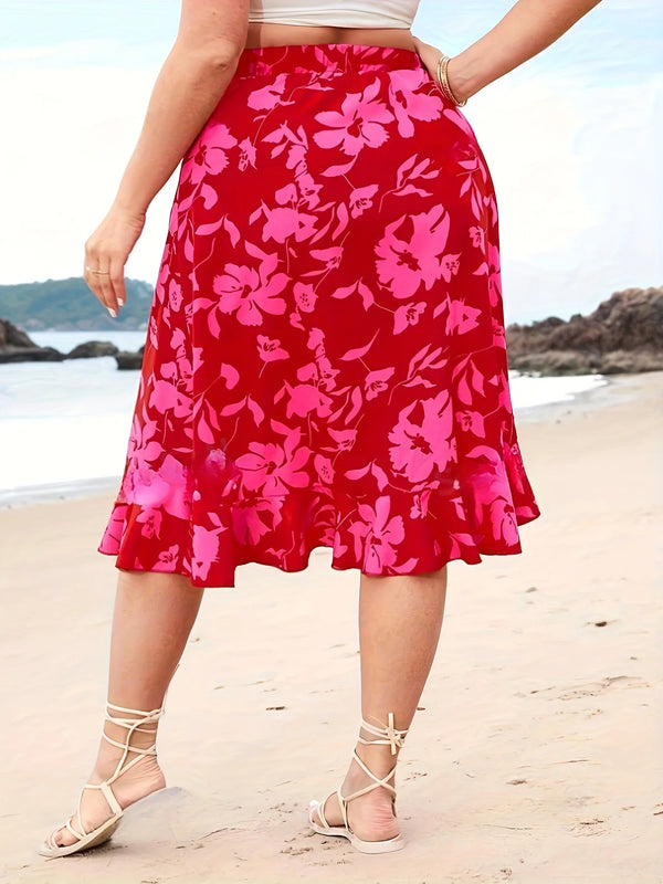 Plus Size Floral Maxi Skirt | High-Waist Beach Skirt with Side Slit | Vacation Elegant Wrap Skirt