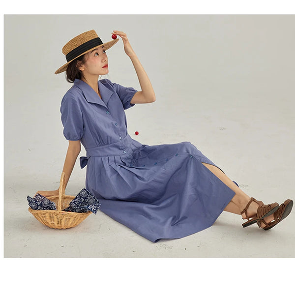 Vintage Linen Midi Dress | Elegant Lapel Collar Dress with Lantern Sleeves - Women's Single-Breasted Summer Dress