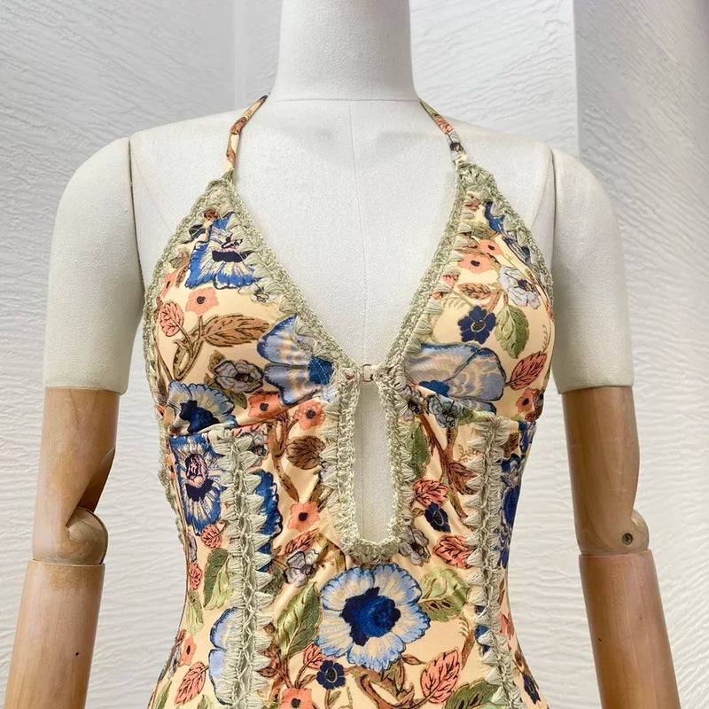 Floral Print Sleeveless Lace-Up Bodysuit – Stretchable Self-Tie Back One-Piece Swimsuit for Women 2025