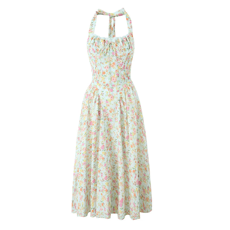 Backless Halter Midi Dress | Floral Lace Trim Dress with Low Waist - Women's Sexy Summer Party Dress