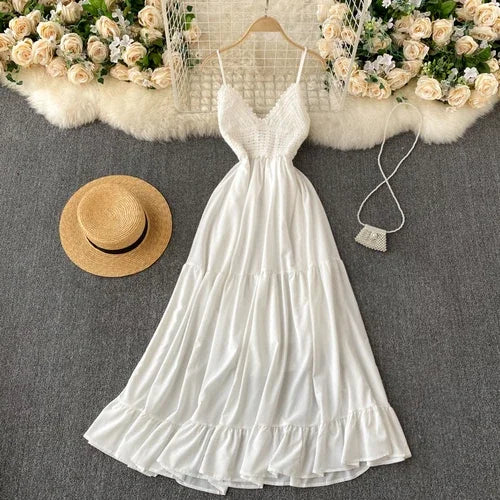 Backless Crochet Sundress | Bandage A-Line Beach Dress with Ruffle Detail - Women's Summer Boho Vacation Dress