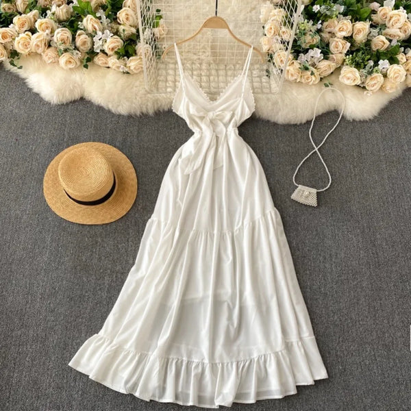 Backless Crochet Sundress | Bandage A-Line Beach Dress with Ruffle Detail - Women's Summer Boho Vacation Dress