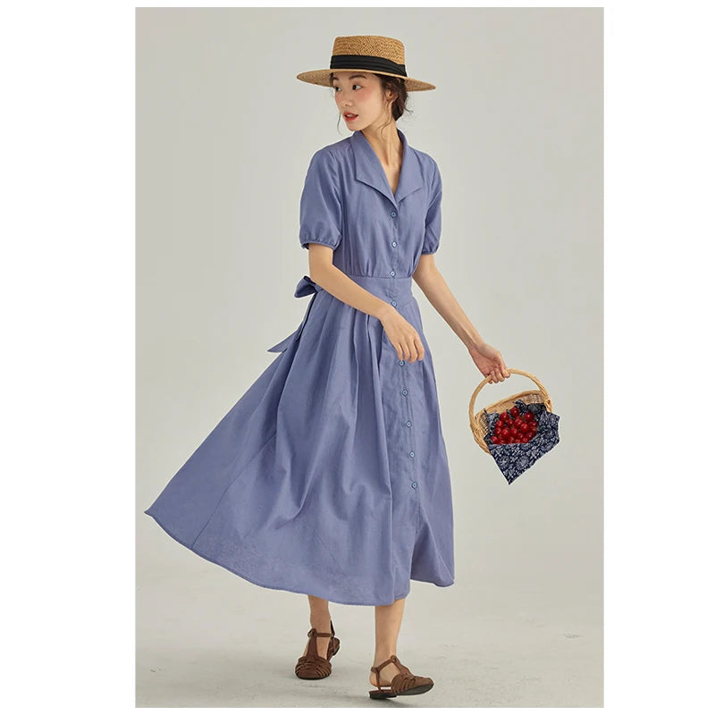 Vintage Linen Midi Dress | Elegant Lapel Collar Dress with Lantern Sleeves - Women's Single-Breasted Summer Dress