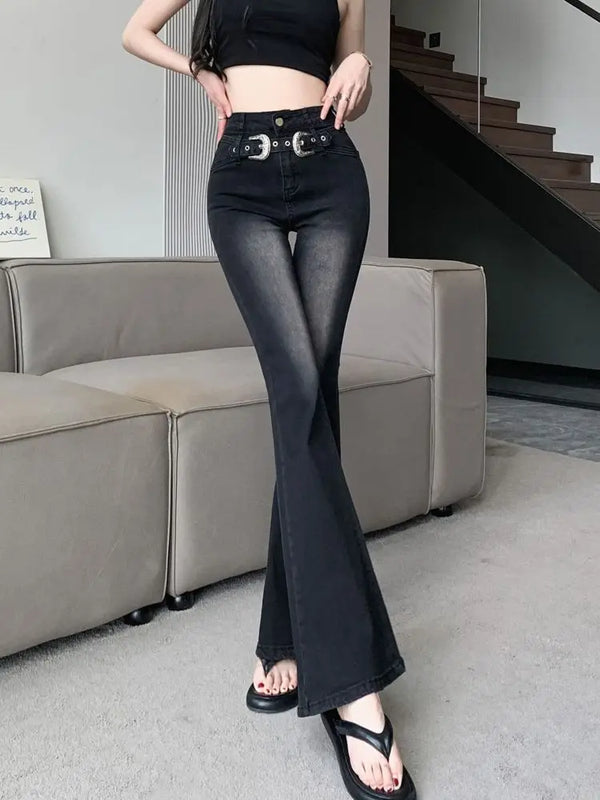 Women's Korean-Style Cowboy Flare Jeans | High-Waisted Fitted Retro Trousers | Distressed Vintage Denim