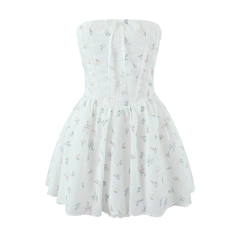 Floral Strapless Mini Dress | Lace Trim Bandage Back Dress - Women's Summer Party Dress for Birthdays & Events