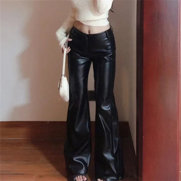 Plus Size High-Waist Flared PU Leather Pants | Vintage Wide-Leg Trousers | Autumn Black Bell Bottoms