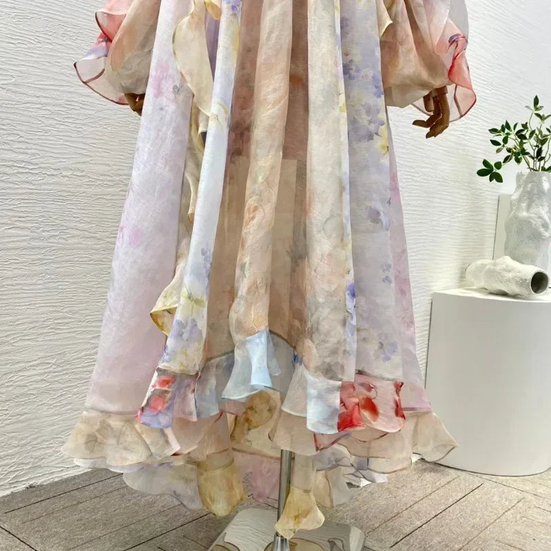 Women's Linen-Silk Maxi Dress | Floral Off-Shoulder Beach Dress with Backless Detail