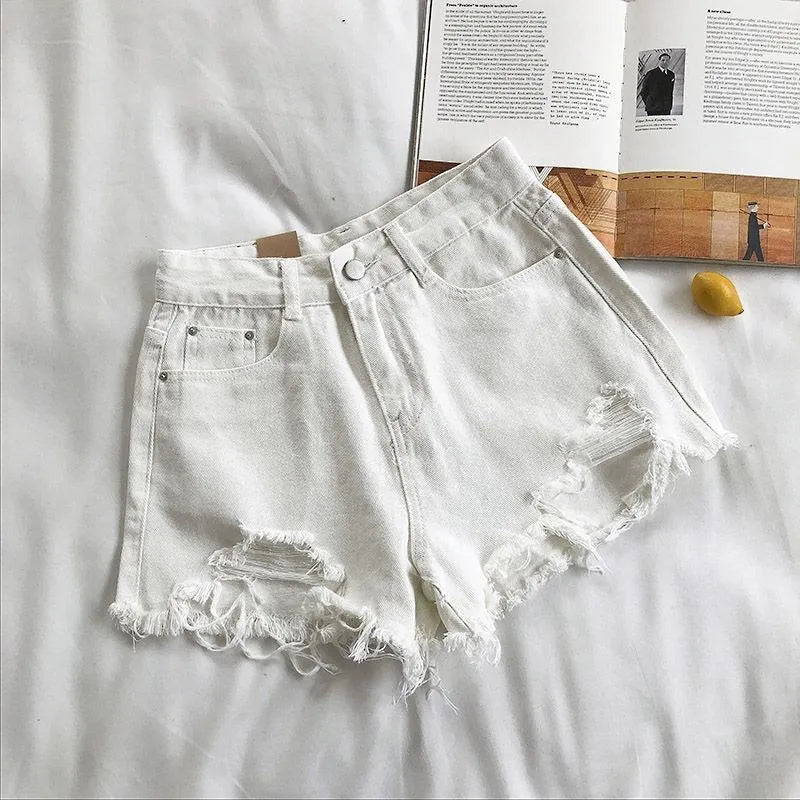 Women's Distressed High-Waist Denim Shorts: Ripped Tassel Detail Streetwear Hot Pants