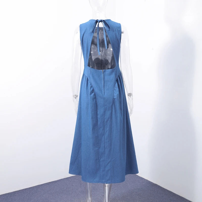 Vintage Washed Women's Denim Maxi Dress | Backless Sleeveless X-Silhouette | Summer Beach & Streetwear (Spring 2025)
