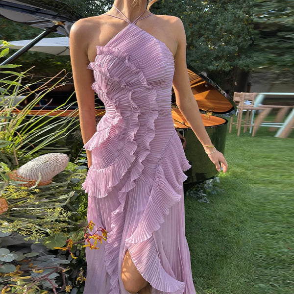 Backless Lace-Up Evening Gown | Elegant Ruffled Neckline A-Line Maxi Dress - Women's Formal Party & Vacation Dress