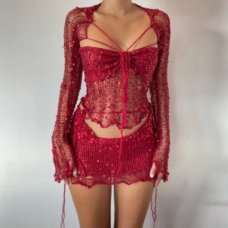 2024 Women’s 2-Piece Crochet Knit Sequin Skirt Set – Sexy Crop Top and Bodycon Mini Skirt for Party & Nightclub Outfits