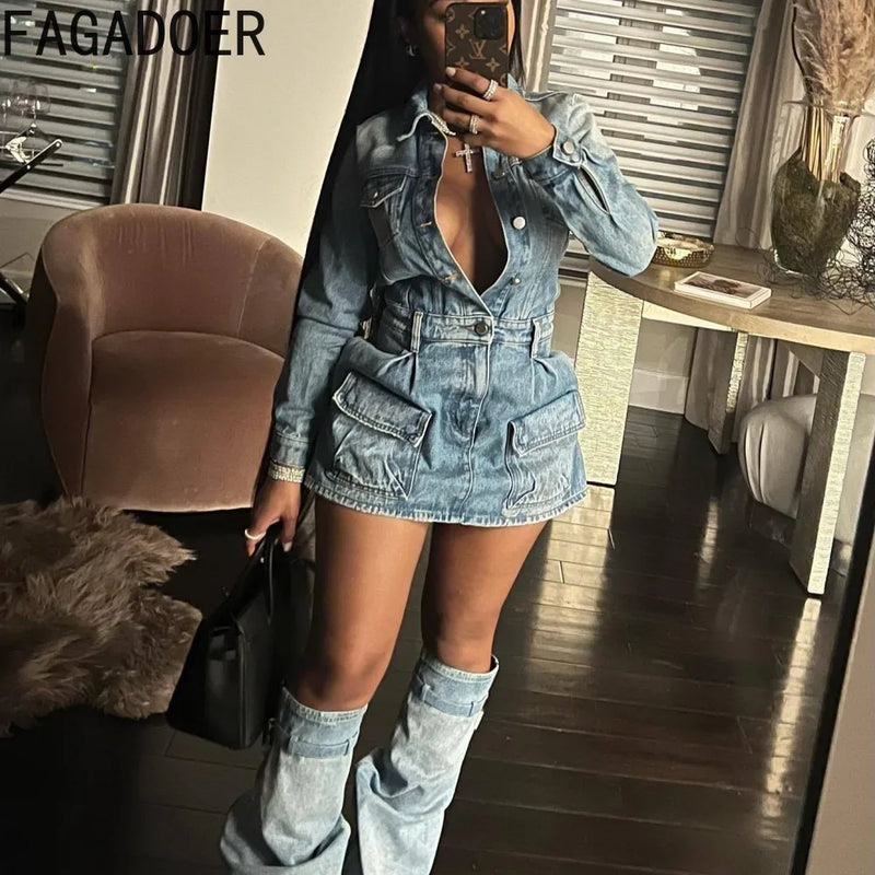 FAGADOER Women's Denim Mini Dress - Long Sleeve Cowboy Style w/ Detachable Leg Garter & Pockets | Blue Western Streetwear