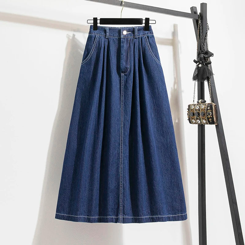 Plus Size Korean Denim Skirt | 2025 Empire Waist A-Line | Adjustable Length Pleated Maxi Skirt