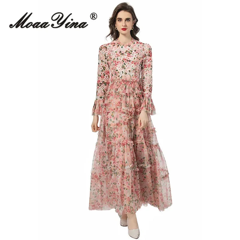 MoaaYina Bohemian Sequin Maxi Dress | Floral Print Ruffled Flare-Sleeve Dress with Net Yarn Detailing - 2025 Summer Collection