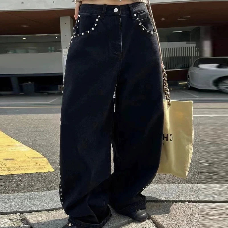 Women's Wide-Leg Jeans | High-Waisted Metal Rivet Denim | Distressed Vintage Trousers with Embroidered Flares