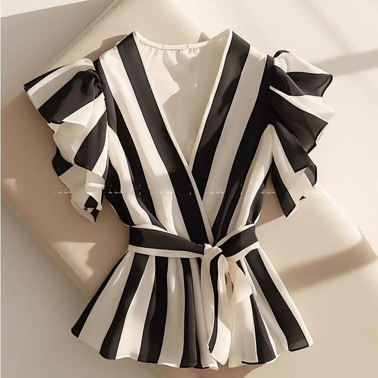 Women’s 2024 Summer Korean-Style V-Neck Striped Blouse – Short Sleeve Trendy Tops