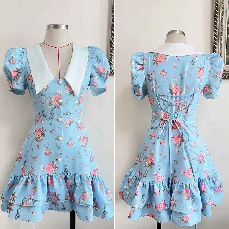 Puff Sleeve Mini Dress | Floral Print V-Neck Dress with Pearl Buttons - Women's Ruffled Vacation Dress