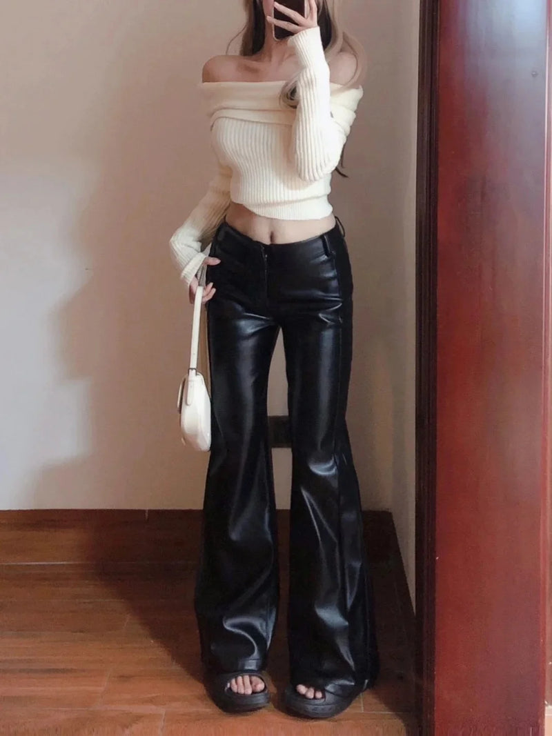 Plus Size High-Waist Flared PU Leather Pants | Vintage Wide-Leg Trousers | Autumn Black Bell Bottoms