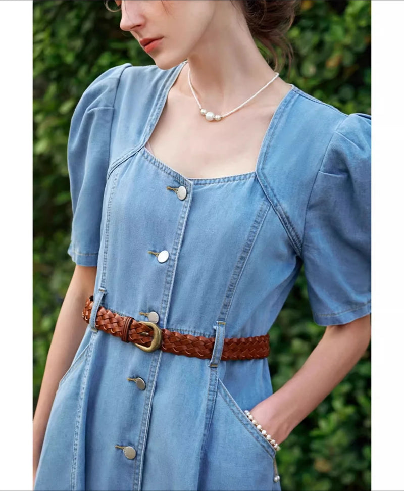 Vintage Denim Midi Dress | Square Neck Puff Sleeve Button-Down Dress - Women's Washed Denim Summer Dress