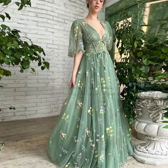 Floral Embroidered Tulle Maxi Dress | Puffy Sleeve Wedding Guest Dress - Women's Green Formal Gown with Lace-Up Back