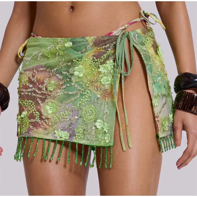 Sequin Mini Skirt | Empire Waist Lace-Up Skirt | Floral Print Beach Short Skirt