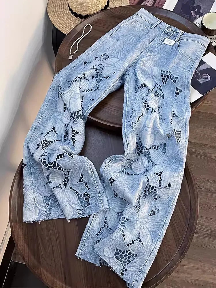 Women's Floral Embroidery Wide Leg Jeans | High Waist Lace-Spliced Summer Pants | Breathable Hollow Out Denim