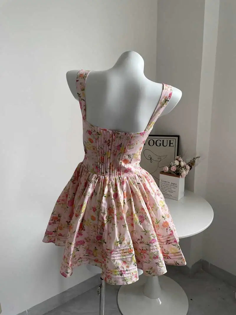 BOHO INSPIRED Women's Adjustable Floral Mini Dress - Pintuck Detail & Lace Trim | Summer Boho Party Dress