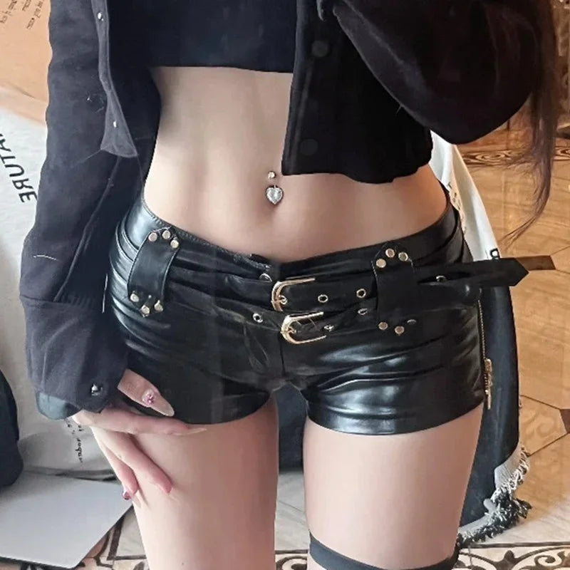 Matteobenni Women's Faux Leather Shorts | Ultra-Short Low Waist Design | Side Zipper & Belt Detail | Nightlife-Ready