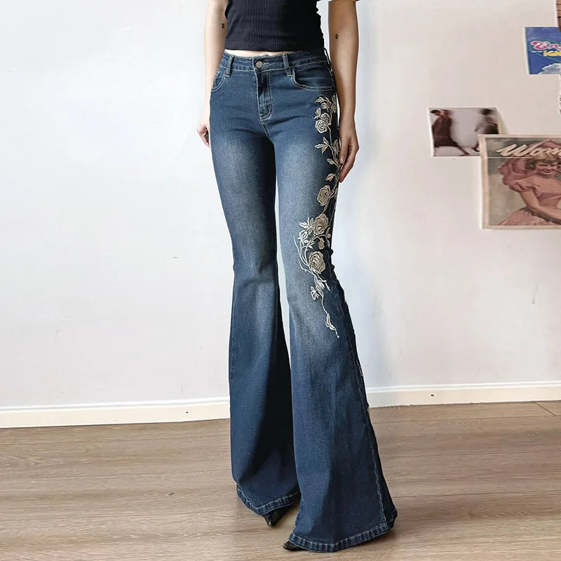 Low-Rise Rose Embroidered Flare Jeans | Retro Distressed Denim | Women's Cotton Blend Slimming Trousers