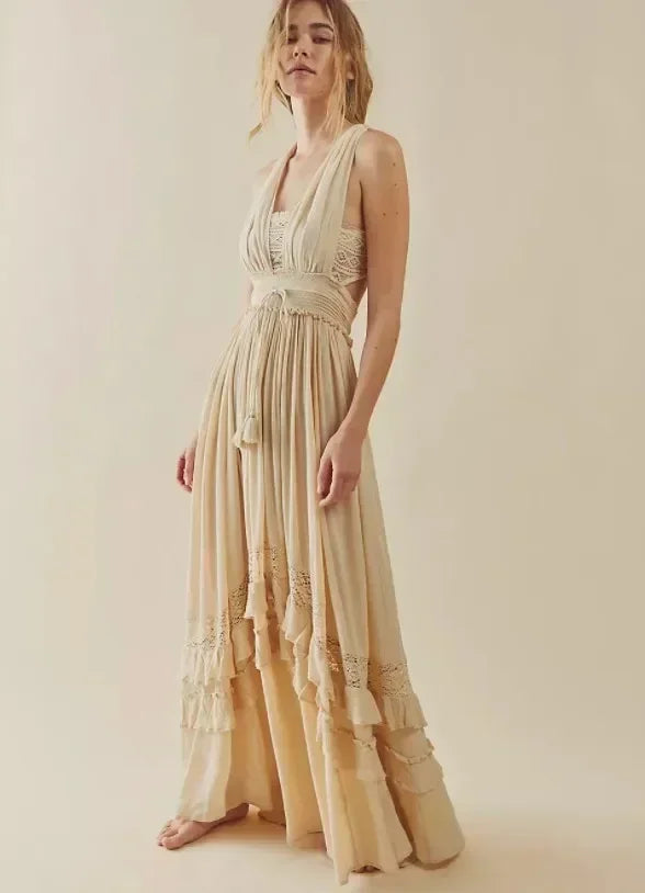 Boho Cotton Maxi Dress | Lace Trim Beach Cover Up - Women's Sleeveless Sundress with Elastic Waist & Ruffled Hem