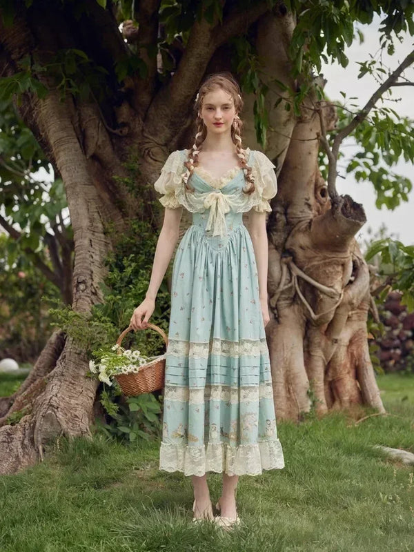 French Prairie Midi Dress | Lace Patchwork V-Neck Dress - Women's Puff Sleeve Summer Dress with Slim Fit