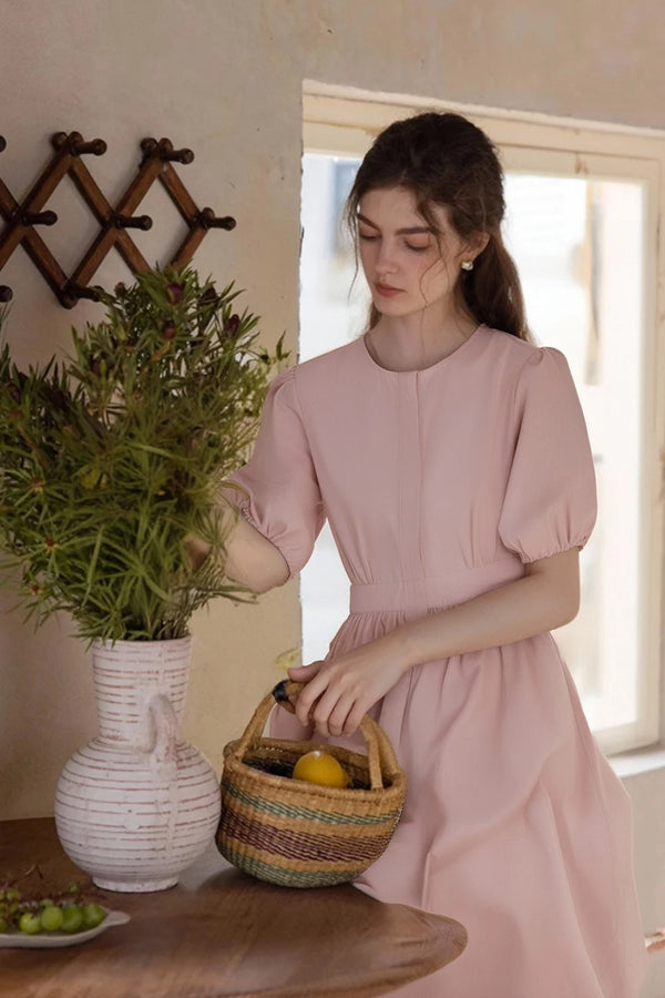 Women's Pleated Puff Sleeve Midi Dress | Office & Summer Casual Dress in Pink
