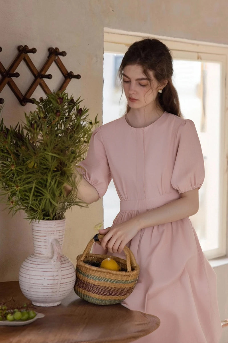 Women's Pleated Puff Sleeve Midi Dress | Office & Summer Casual Dress in Pink