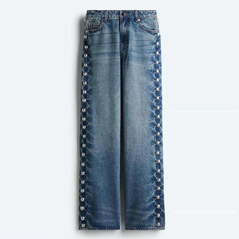 Women's Distressed Wide-Leg Jeans | High-Waisted Vintage Denim | Metal Rivet Embroidered Trousers