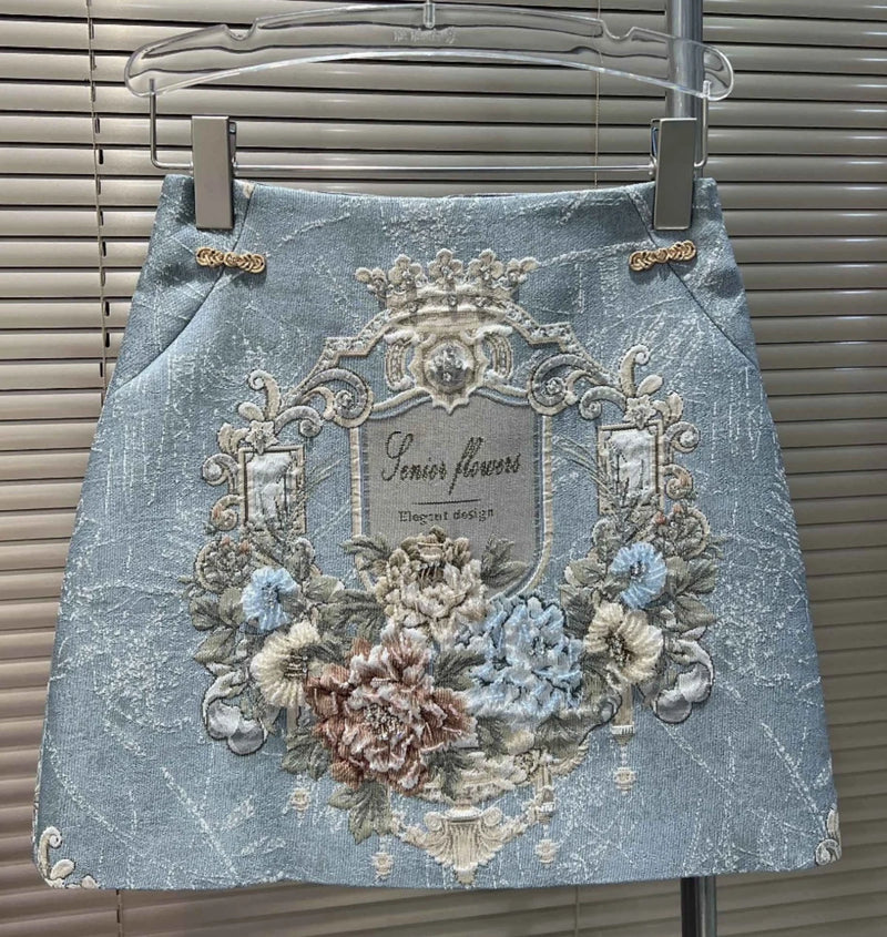 Spring Vintage Jacquard Skirt | Empire Waist Diamond Embroidery Mini | Luxury Slim Fit Acetate-Spandex Skirt