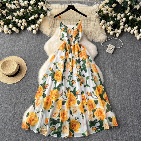 Boho Women's Floral Maxi Dress | Yellow Spaghetti Strap Empire Waist Chiffon Dress - Summer Beach Holiday Dress (Banulin)