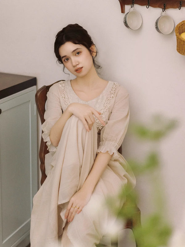 Vintage Prairie Cotton Dress | Oil Painting Embroidered Midi Dress - Women's Romantic Cottagecore Dress with Puff Sleeves