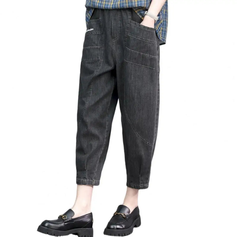 Women's Summer Wide-Leg Cropped Pants | Mid-Rise Elastic Waist | Embroidery Detail | Athletic Harem Style (Polyester Blend)