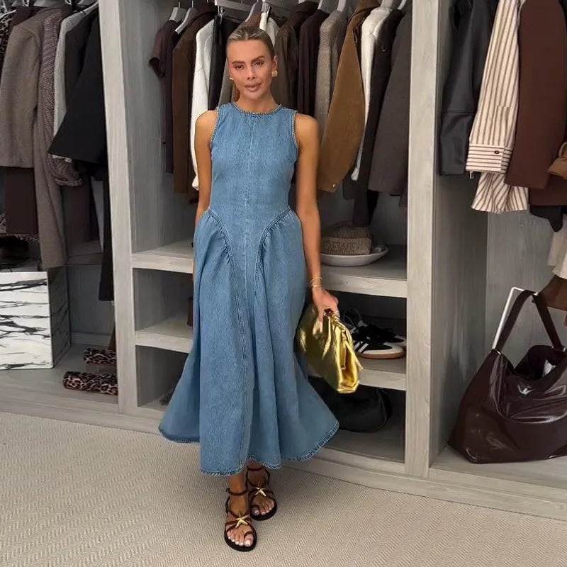 Vintage Washed Women's Denim Maxi Dress | Backless Sleeveless X-Silhouette | Summer Beach & Streetwear (Spring 2025)