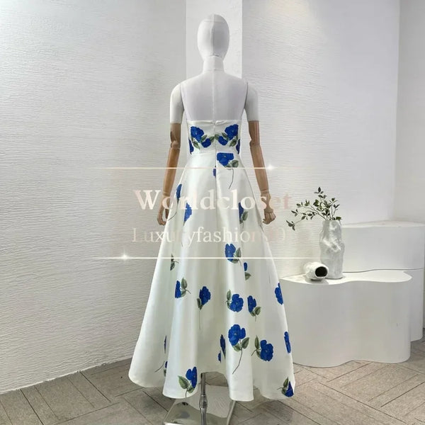 Luxury White & Blue Rose Ball Gown Maxi Dress | Strapless Vintage Floral Party Dress with Empire Waist - 2025 Collection