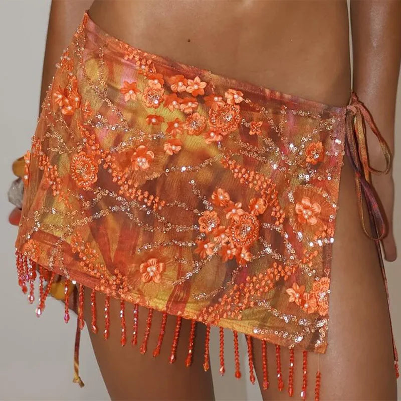 Sequin Mini Skirt | Empire Waist Lace-Up Skirt | Floral Print Beach Short Skirt